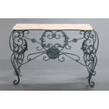 A wrought iron and marble topped console table,