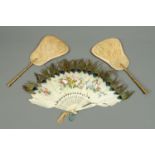 Two hand held needlework fans and a feather fan.
