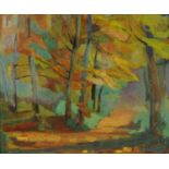 Attributed to Y De Raemy, oil on canvas, "Sunlit Woods", 50 cm x 61 cm.