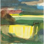 Ian Handcock, acrylic on paper "Rape Fields Tyne Valley", 31 cm x 31 cm.