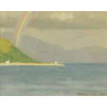 Frances Watt, oil on board "Rainbow Over Raasay", 11 cm x 14.5 cm.