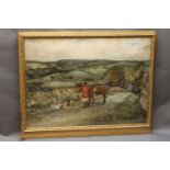 R.P. Moore a watercolour "The Derwent Valley from Bridge Hill", depicting huntsman with hounds.
