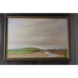 Kenneth Bone a large landscape oil painting "River Cree Mud Flats" dated 1991 with a skeen of