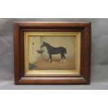 A late 19th century oil on canvas of a black horse in stable,