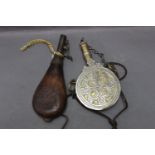 Leather bodied shot flask, embossed with Scottish hunter on horseback,