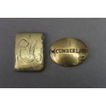 Cumberland Militia, 2 brass plates stamped CM and M (Cumberland). Widths 5 cm and 6.5 cm.