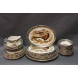Royal Falcon Ware, 39 piece dinner service decorated with pheasants, woodcock, partridge, ducks,
