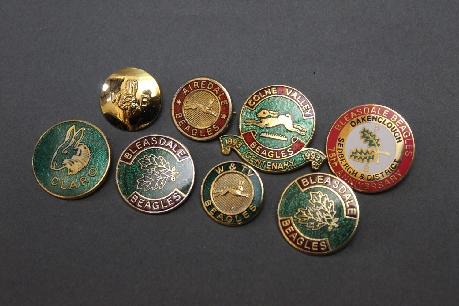 Eight beagle hunt badges, to include Airedale Beagles, Bleasdale, Colne Valley, etc.