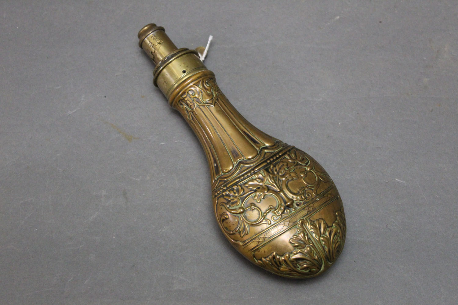 G&JW Hawksley of Sheffield copper and brass powder flask, fluted pattern,