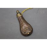 G&JW Hawksley brass and copper powder flask, in Hawksley leaf and mounted hunter design.
