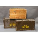 Eley Kynoch vintage wooden cartridge crate, and 2 military 303 ammo cases.