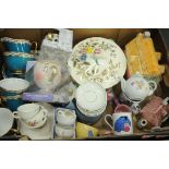 Box of Disney Chip mugs, Windsor bone china part tea set, cottage teapots, etc.
