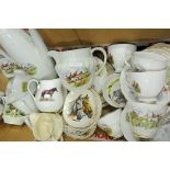 Box of foxhunting crockery, to include coffee pot, jugs, teacups, saucers, etc.