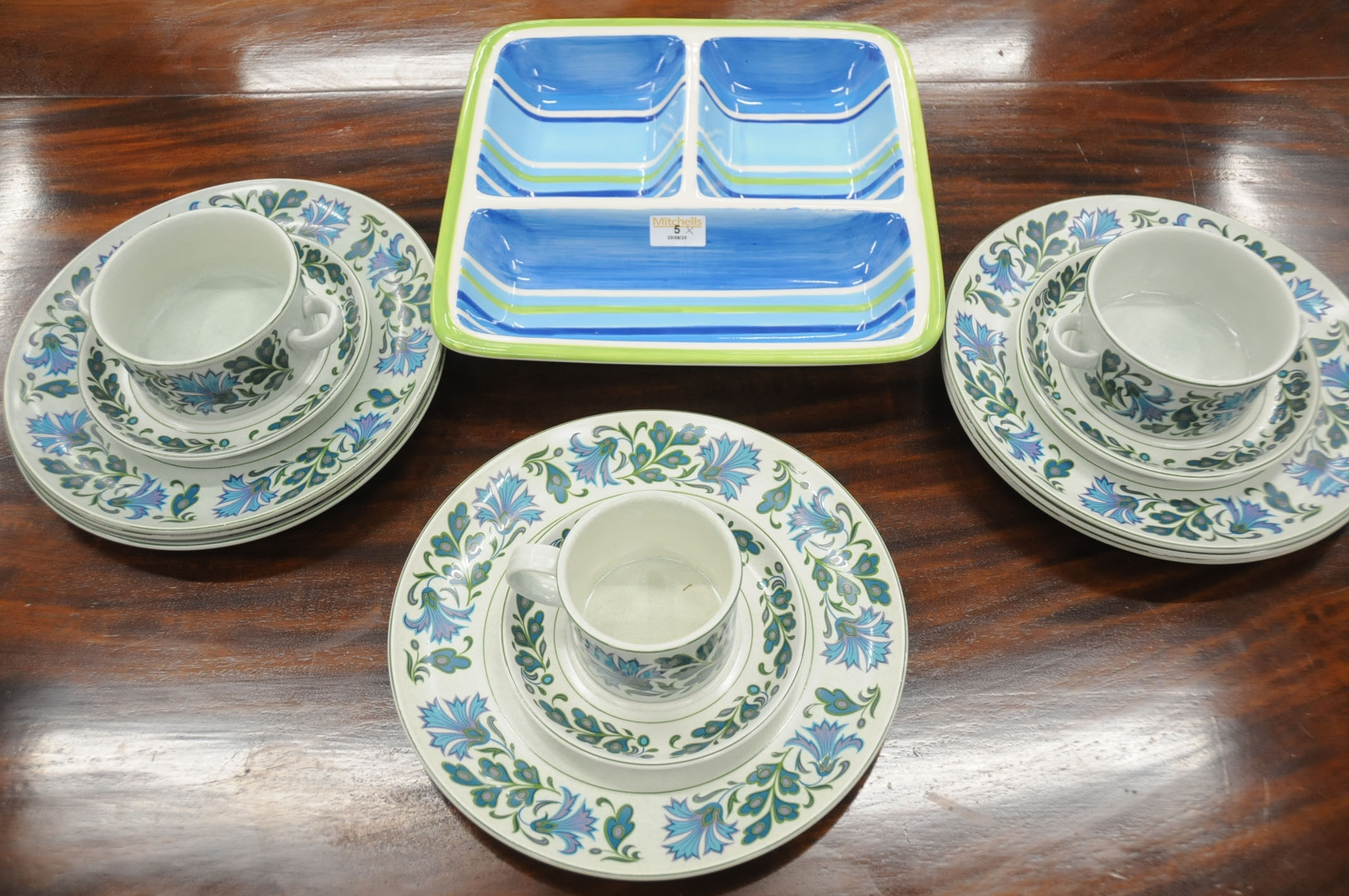 13 pieces of Mid Winter Stonehenge pattern dinnerware and striped dish