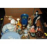 Box of Wedgwood Jasperware plate, Oriental plates, bowls, Nao goose, Royal Lancastrian vase, etc.