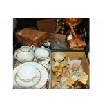 3 boxes of Oriental eggshell tea set, cabinet pieces, brass candlesticks, moulding plane, etc.