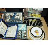 4 boxes of cutlery, gold rimmed plates,
