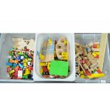 3 boxes of wooden toys, to include railway, cars, buses, etc.