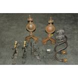 Box of cast and brass wall mounting candle holders, fire dogs, wall mounting gas lamps, etc.