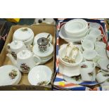 2 boxes of Pyrex style foxhunting decorated dinnerware, pottery teapots, salt and pepper shakers,