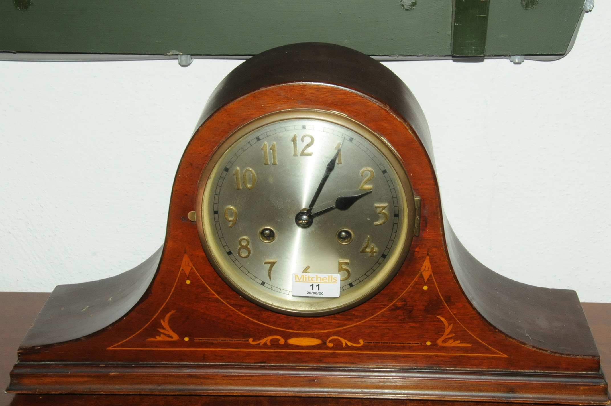 Inlaid mahogany mantle clock with pendulum and key