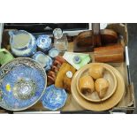 Box of Copeland Spode blue and white jugs, lustre vase, wooden bookends and fruit, etc.