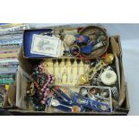 Box of costume jewellery, postcards, teaspoons, etc.