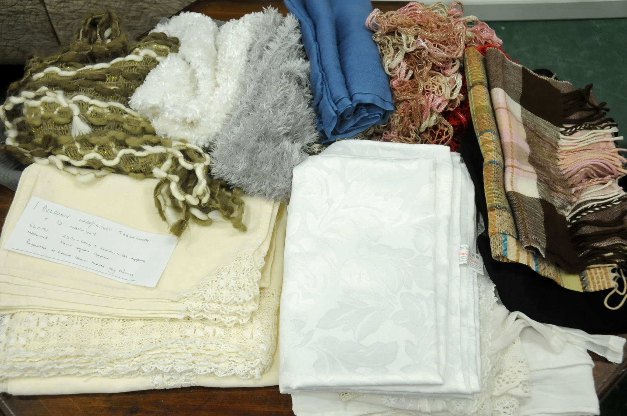 Box of Belgian lace crocheted tablecloth , 12 napkins, etc.