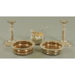 A pair of 19th century Sheffield plated telescopic candlesticks, a pair of coasters and cream jug.