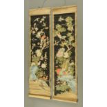 A pair of Oriental scroll paintings, depicting birds and branches. Width 36 cm.