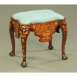 An 18th century Dutch marquetry and walnut stool, with shaped drop in seat,