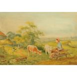W Davis (British, 19th/20th century), rural view with a young girl with calves and chickens,