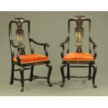 A pair of chinoiserie lacquered open armchairs, 1930's, Queen Anne style with splat backs,