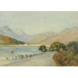 Alfred Heaton Cooper (1863-1929), Lakeland scene with path and small yacht, watercolour, signed.