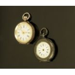 A Continental silver foliate engraved fob watch and another.