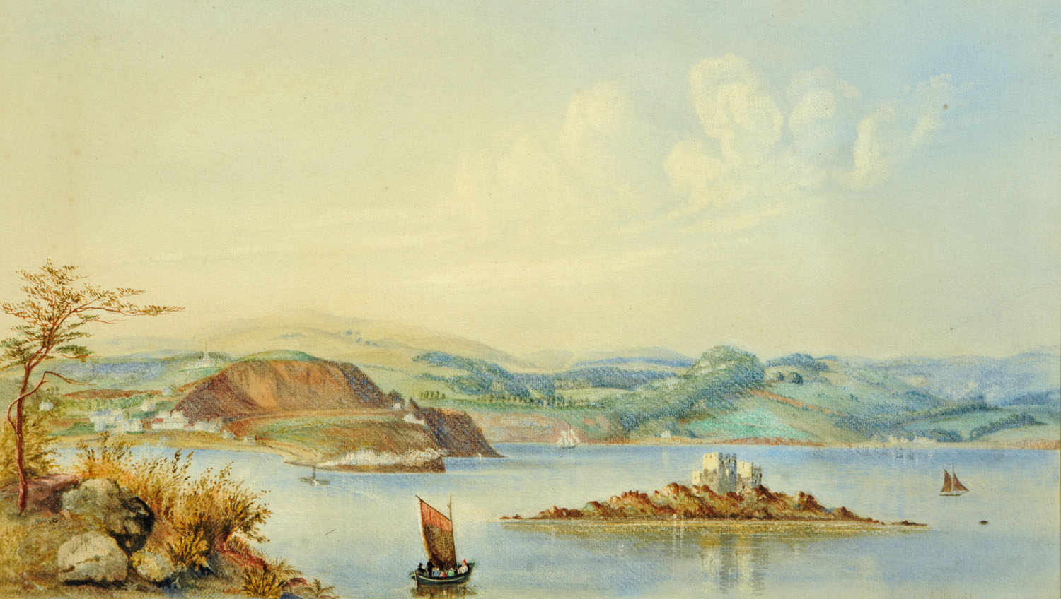 B. Stafford, watercolour, lake, island and landscape scene. 37 cm x 62 cm, framed, signed.