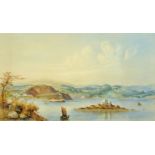 B. Stafford, watercolour, lake, island and landscape scene. 37 cm x 62 cm, framed, signed.