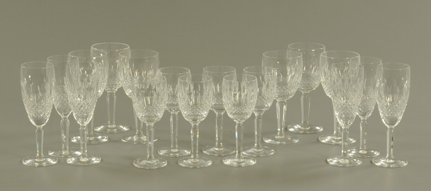 A suite of Waterford crystal glass, comprising 6 champagne flutes, 6 red and 6 white wine glasses,