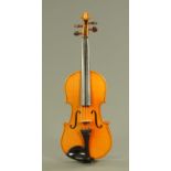 A Chinese 7/8th size violin, with two piece back. Body 33.5 cm, overall 56 cm.