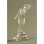 A Lalique frosted and clear glass standing nude female figure, etched to base "Lalique, France".