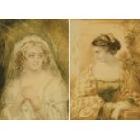 A pair of Victorian watercolours, half length figural studies. Each 12.5 cm x 8 cm.