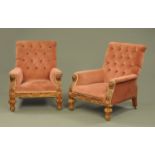 A pair of Victorian Gothic armchairs, with deep buttoned backs,