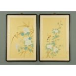 A pair of Chinese silk paintings, birds and butterflies with blossom.