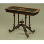 A Victorian ebonised and inlaid walnut turnover top card table,