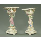 A pair of Continental porcelain figural table centres, draped female figures holding aloft a bowl,
