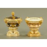 A Derby pot pourri and cover, and another with lid missing, each diameter 11.5 cm.
