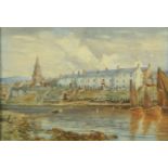 F. Paterson, watercolour, river scene with cottages and church. 35 cm x 52 cm.