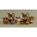 A Victorian copper lustre and chinoiserie decorated jug, and seven others. Tallest 20 cm.