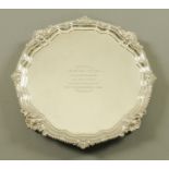 A large silver salver, inscribed to centre, London 1900, maker Mappin Bros., 1047 grams.