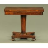 A William IV rosewood turnover top tea table, with crossbanded edge and rounded corners,